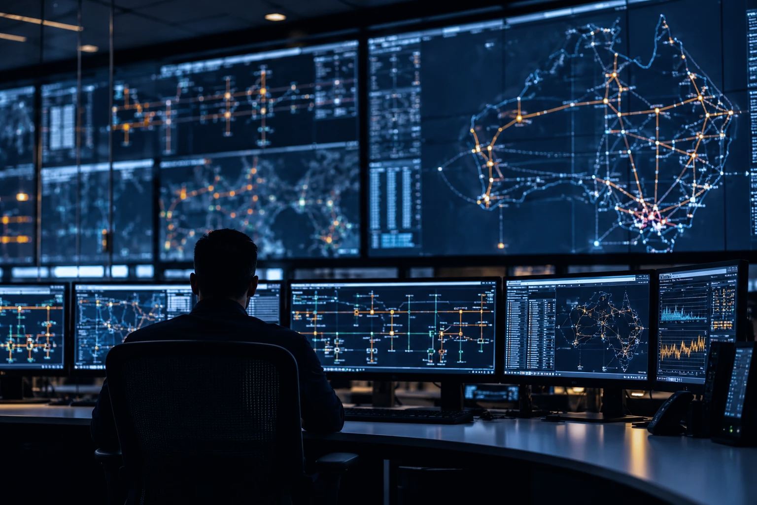 An operator in a darkened grid control room facing a wall of network displays