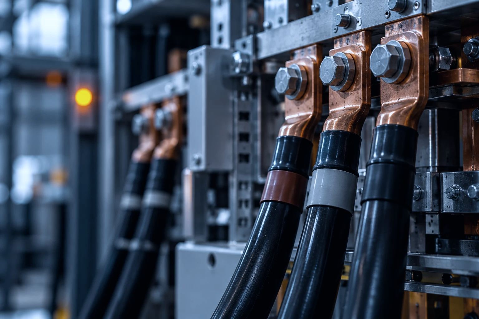 Close detail of copper cable terminations in high-voltage switchgear