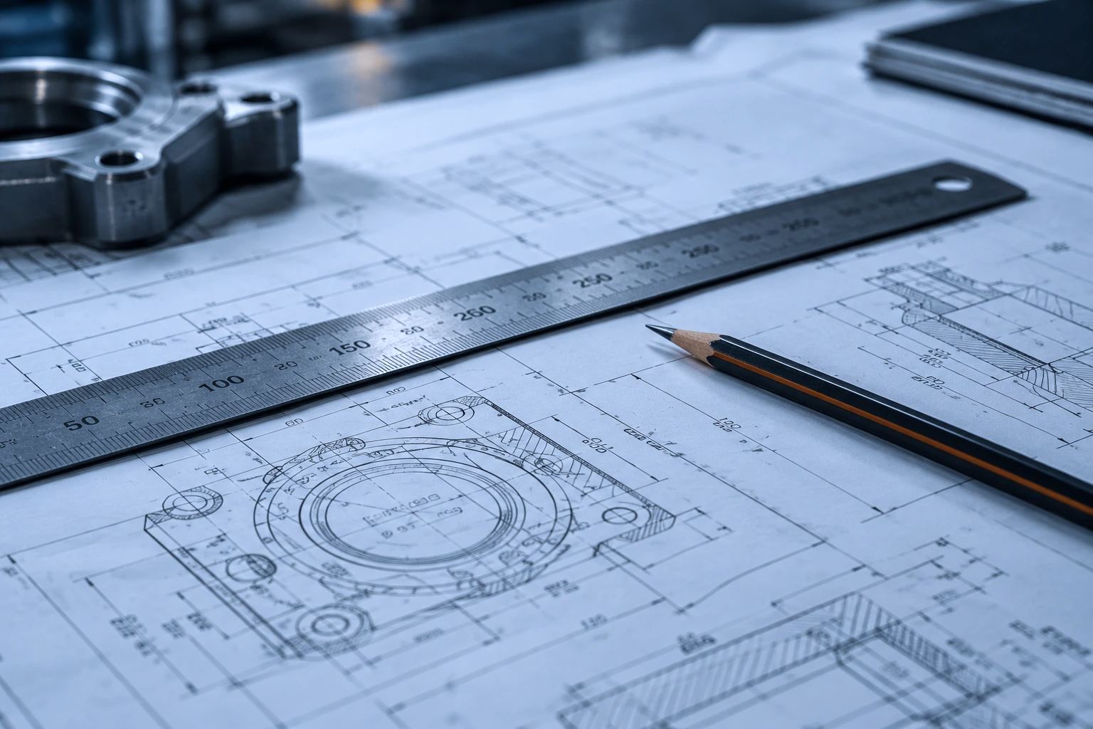 An engineering drawing with a steel rule and pencil