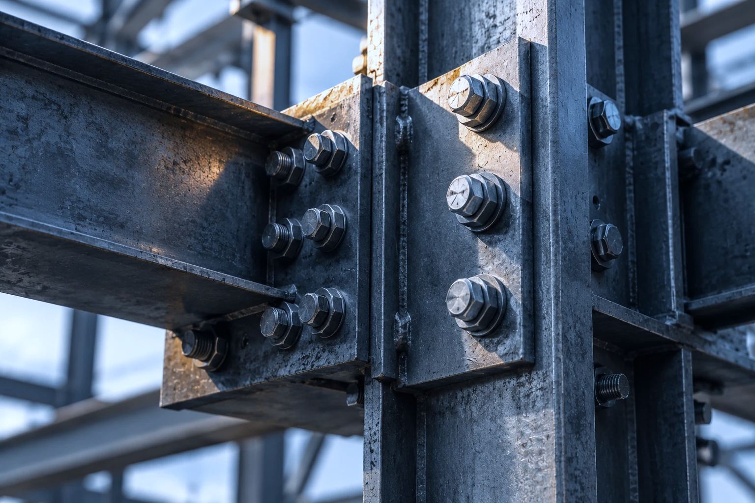 Close detail of a bolted structural steel beam connection