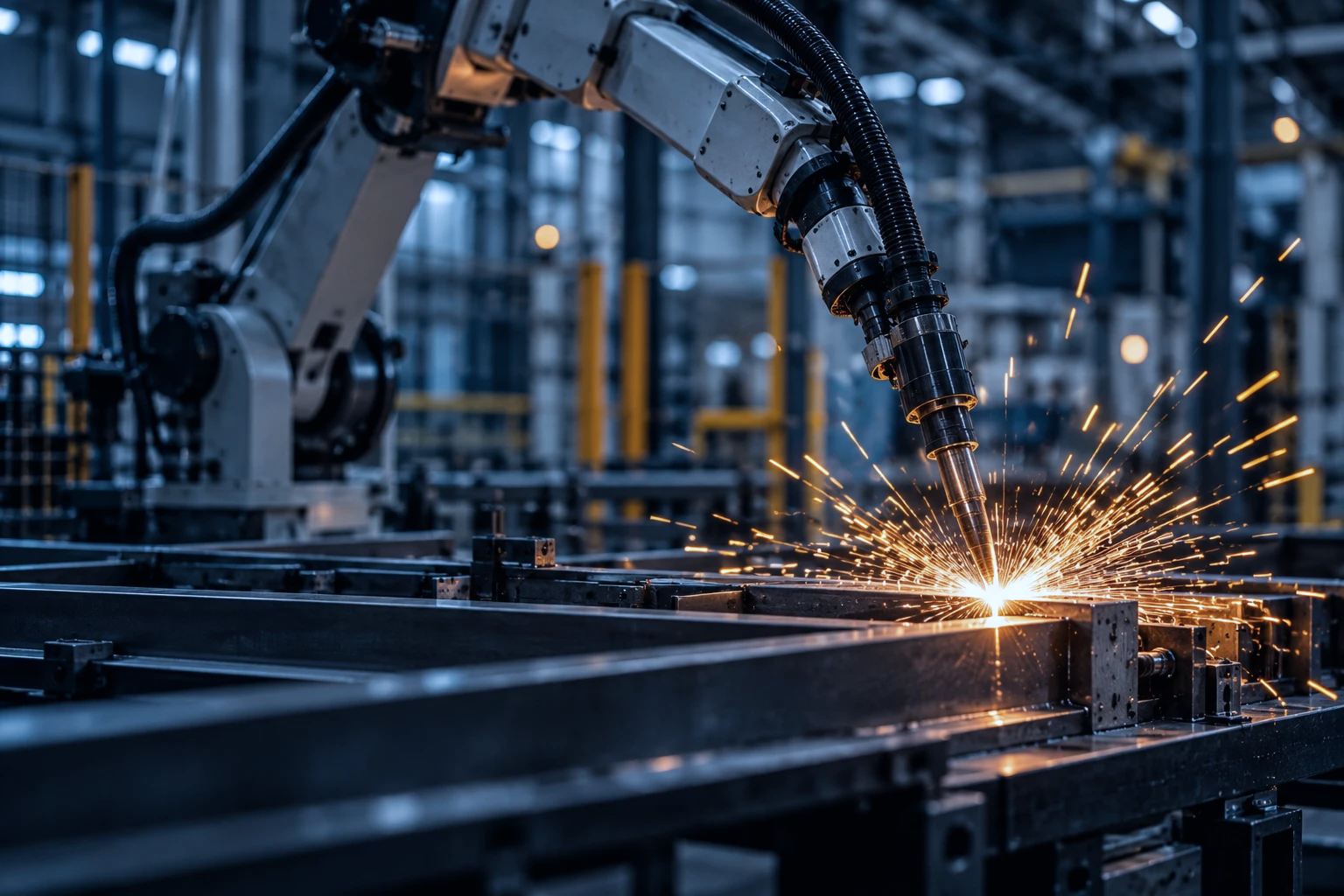 A robotic welding arm throwing orange sparks on a factory line